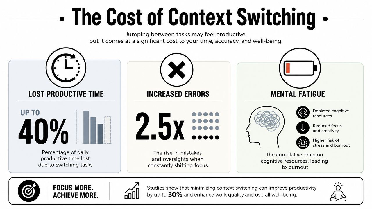 An infographic titled The Cost of Context Switching illustrating productivity loss, increased errors, and mental fatigue.