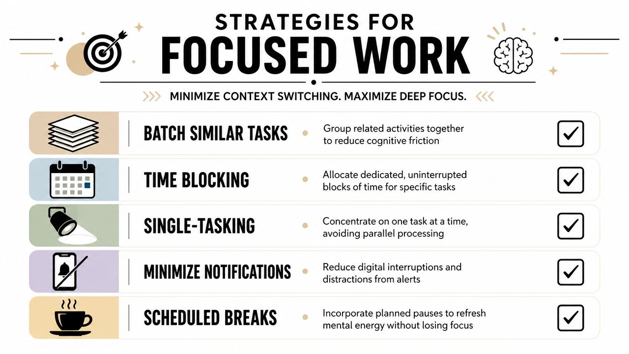 An infographic titled Strategies for Focused Work listing tips like time blocking, single-tasking, and taking scheduled breaks.