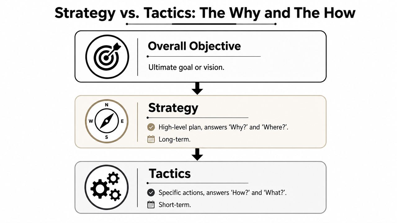 A diagram illustrating the hierarchy and differences between overall objective, strategy, and tactics for project planning.