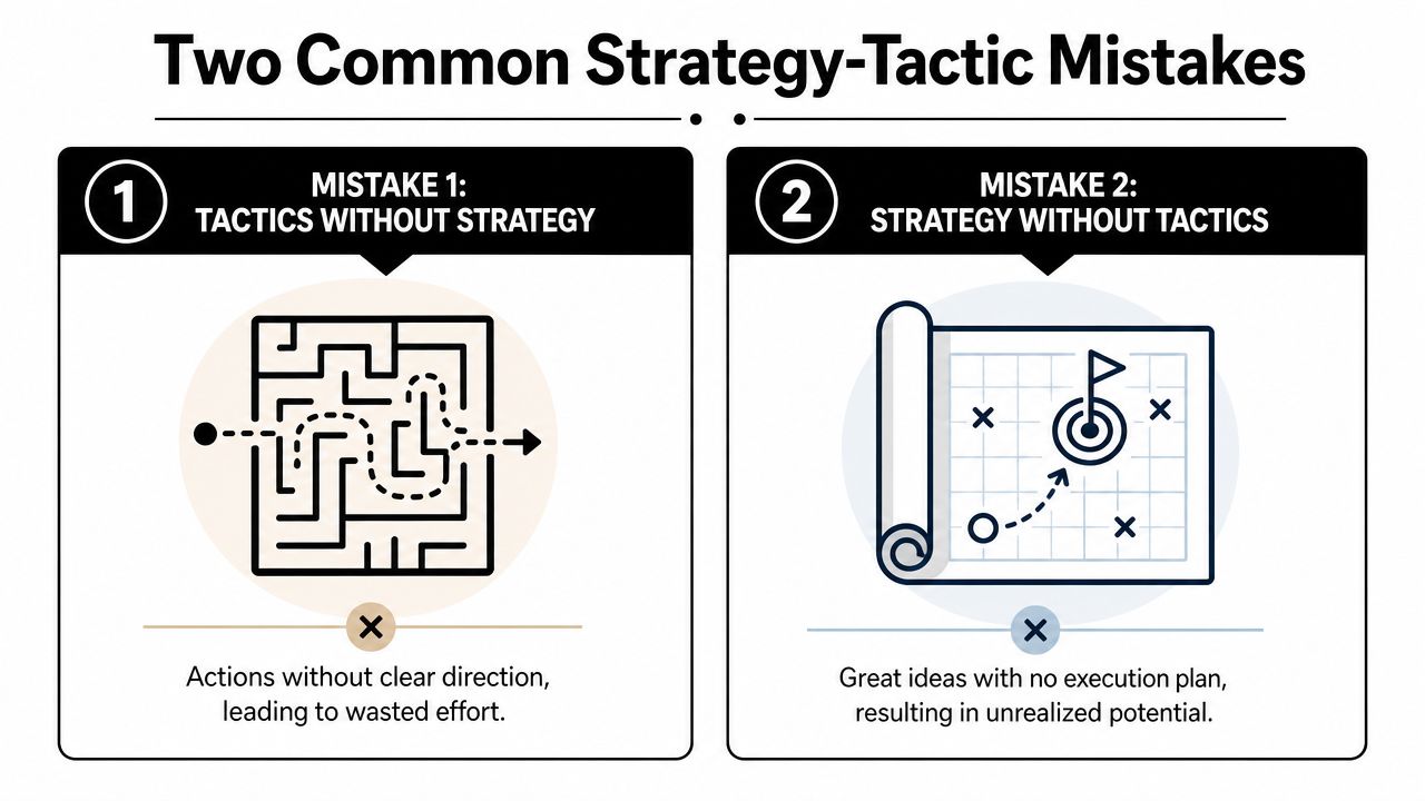 An infographic illustrating two common strategy-tactic mistakes involving lack of direction versus poor execution plans.
