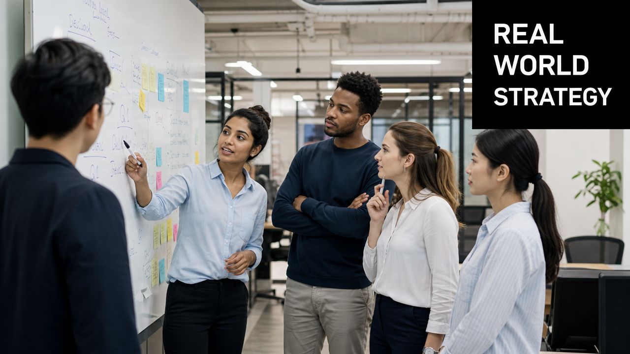 A diverse group of colleagues collaborating on a business strategy using a whiteboard in an office.