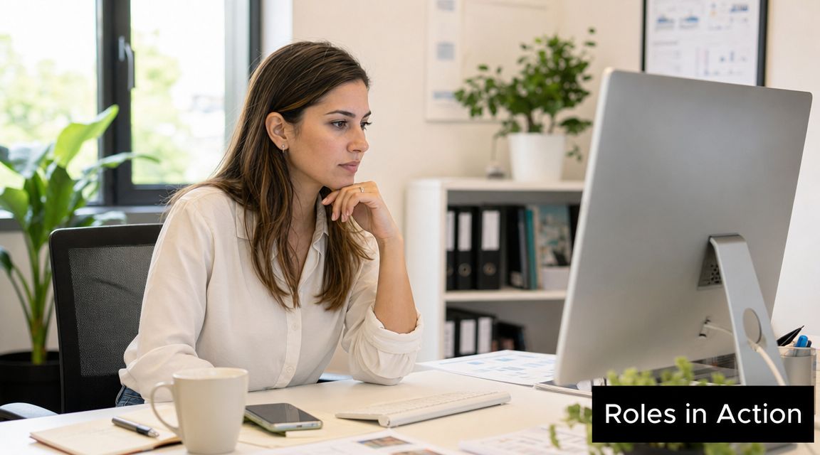 A professional woman working at a computer in a bright office environment, focused on her tasks.
