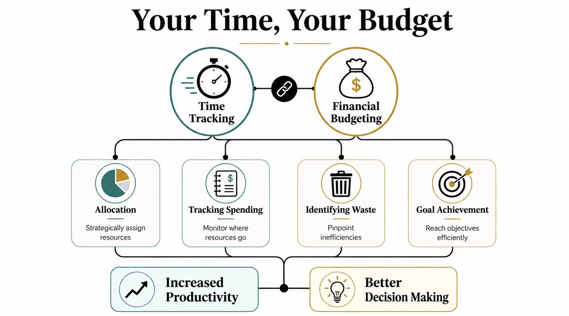 A diagram illustrating the connection between time tracking and financial budgeting to improve productivity and decision making.