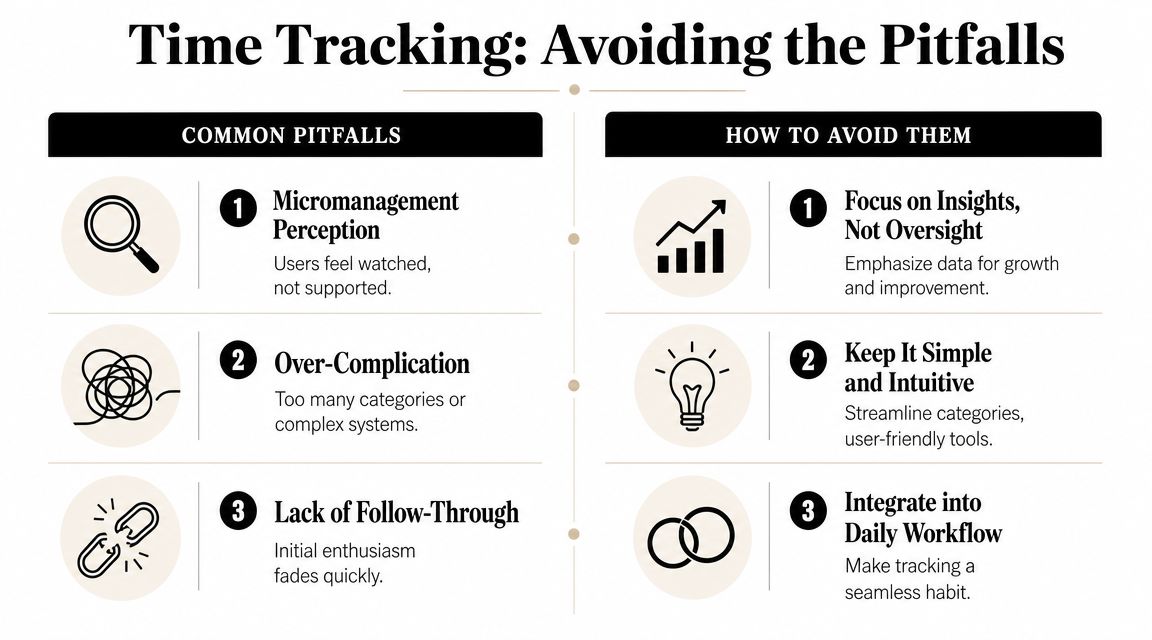 An infographic titled Time Tracking: Avoiding the Pitfalls, listing common challenges and solutions for time management.