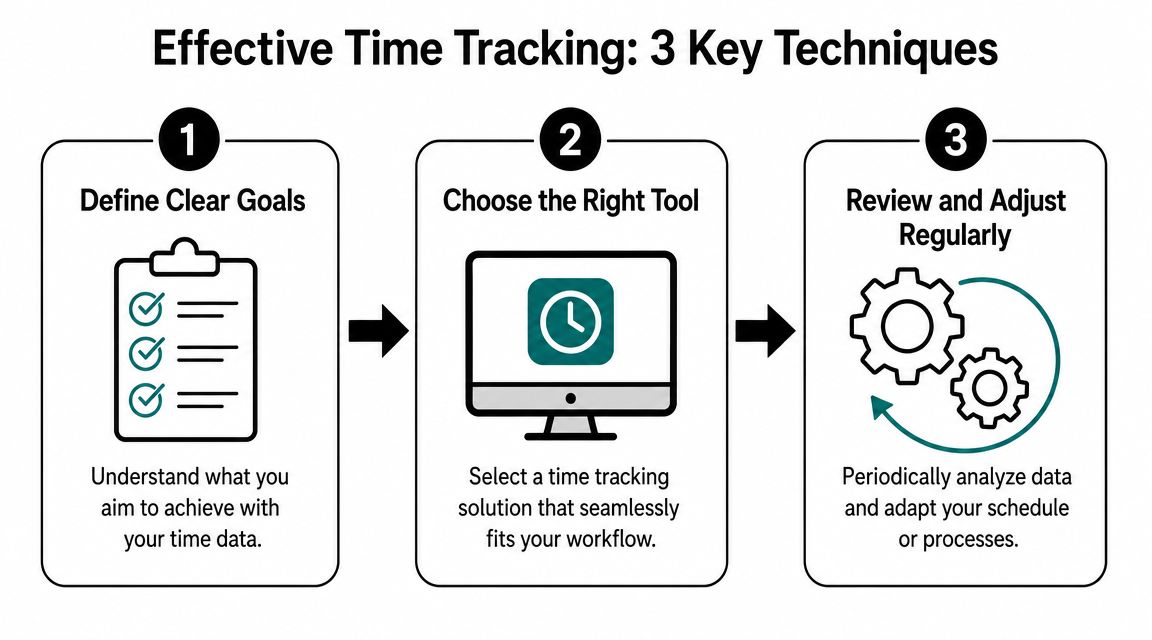 A diagram outlining three key techniques for effective time tracking with clear headings and illustrative icons.