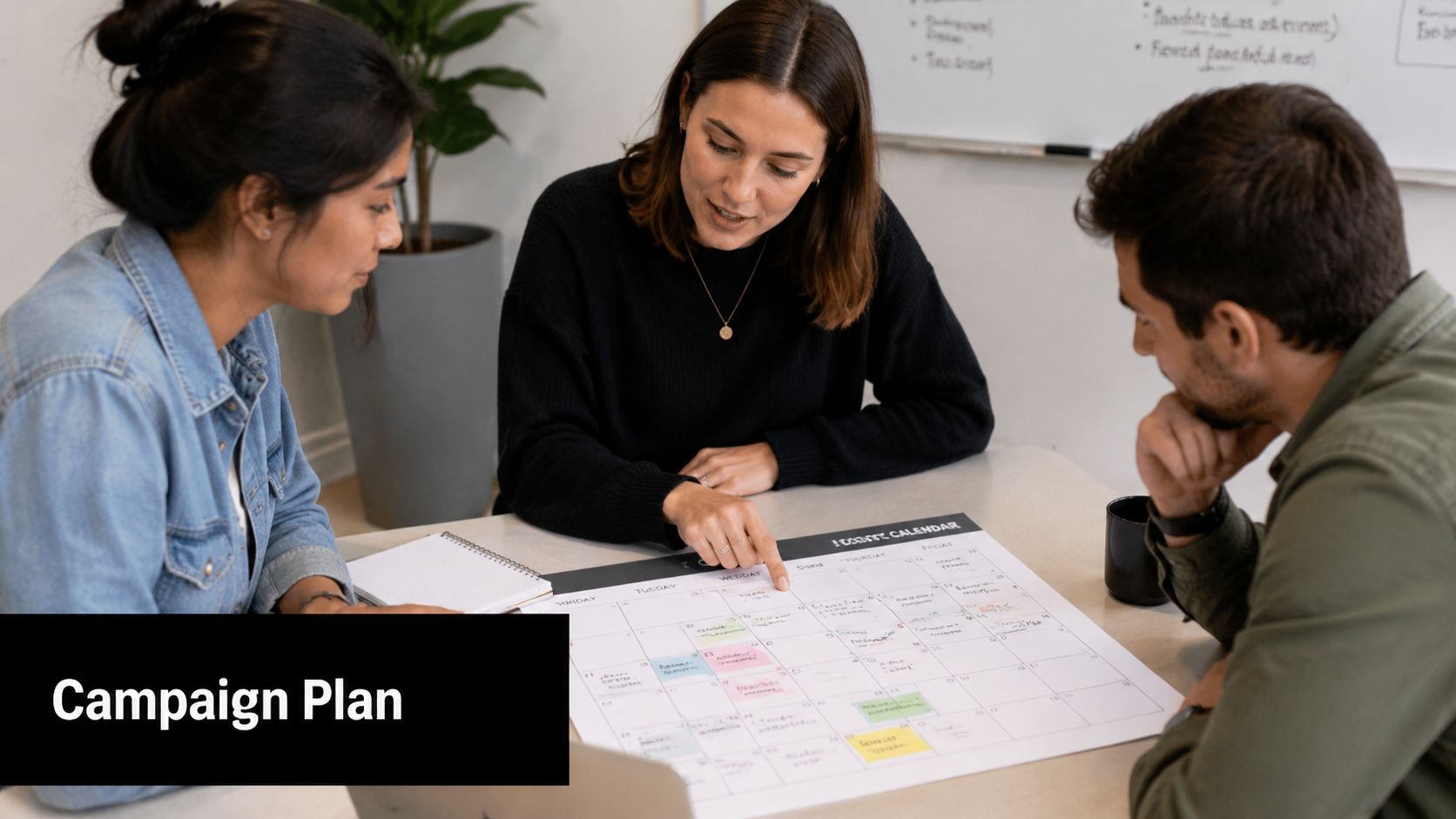 Three colleagues collaborate around a table, reviewing a project campaign calendar during a strategy planning meeting.